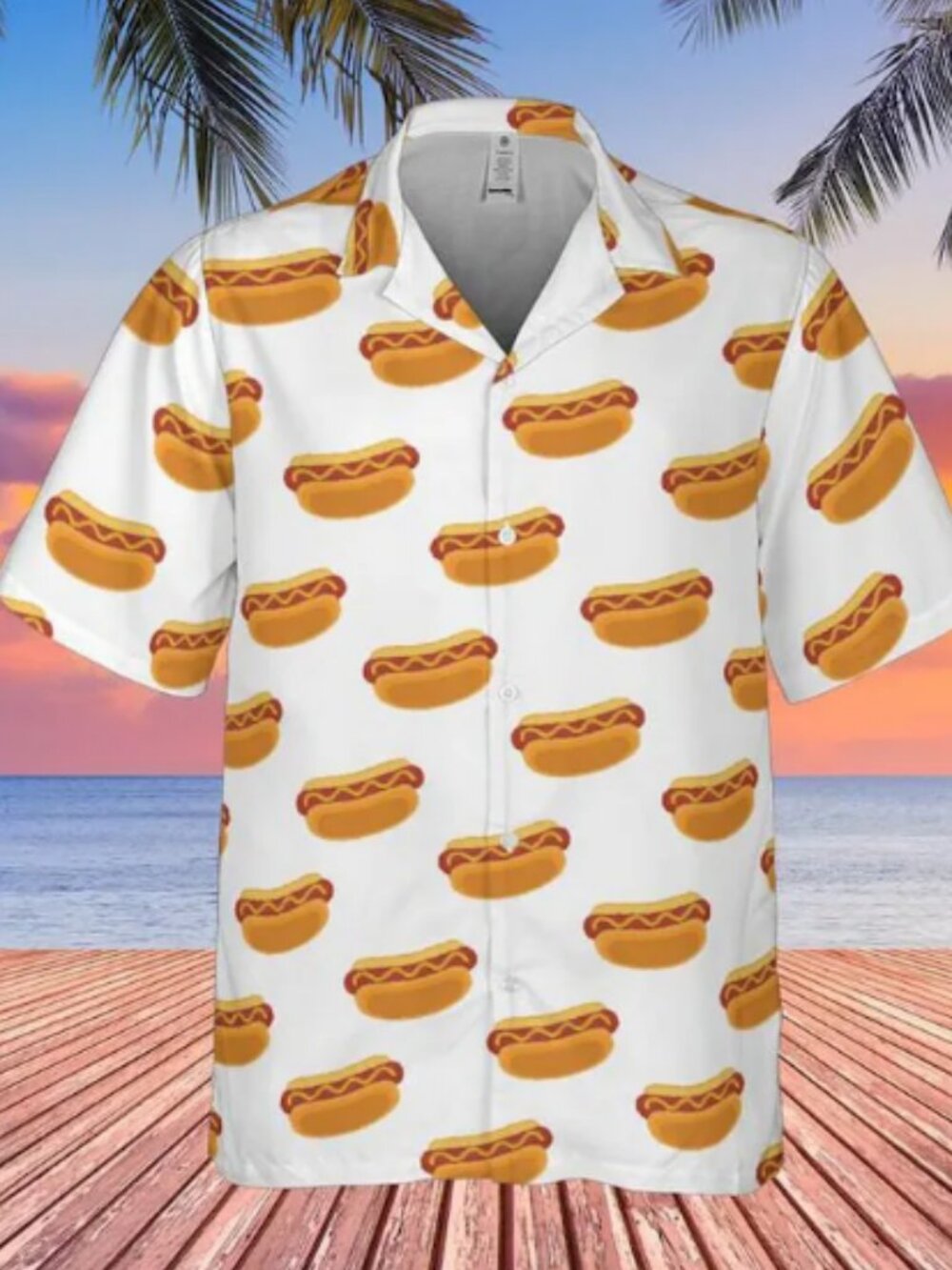 Hot Dog Hawaiian Shirt: White Short-Sleeve Foodie Button-Down - Picture 2 of 3